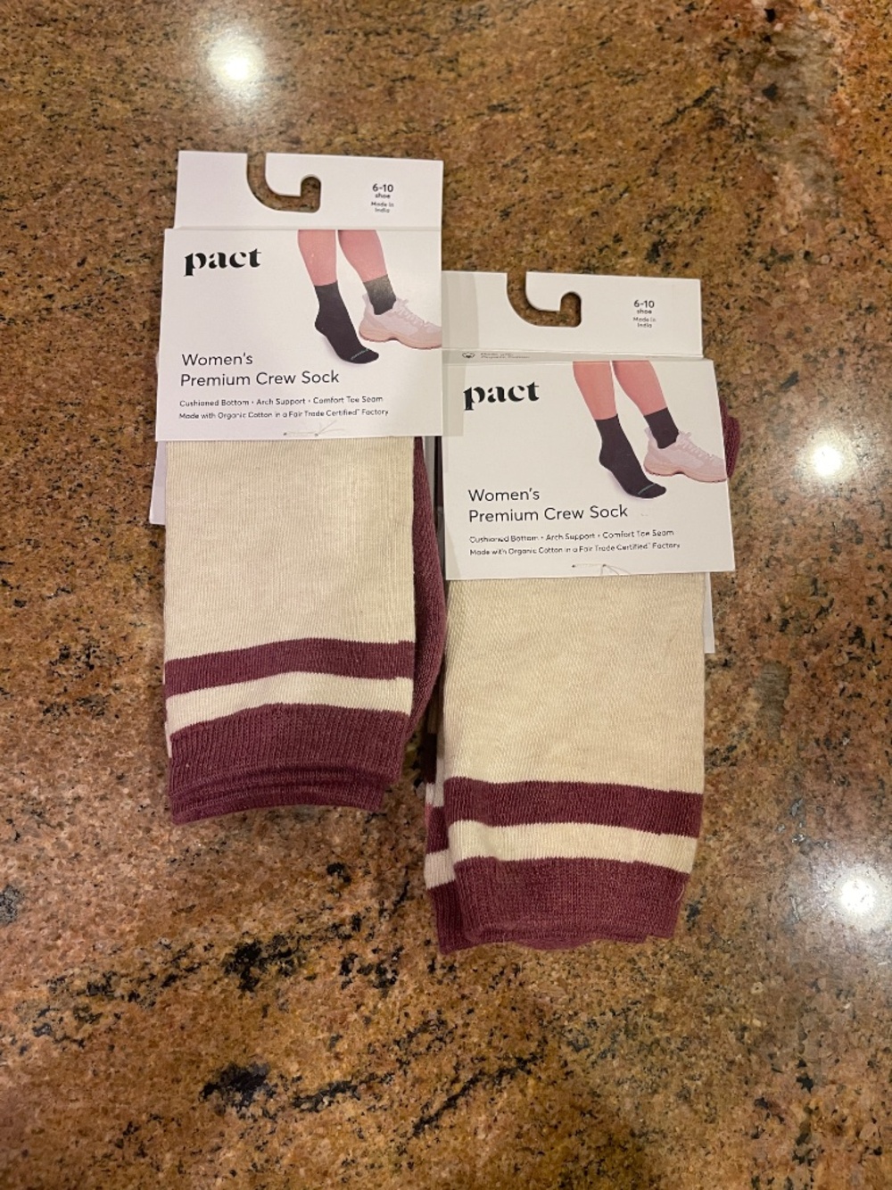 Pact Rose Pink Stripe  Premium Crew Socks Two Pair NWT!